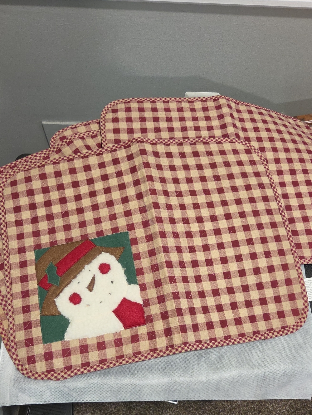Red and Cream Checkered Holiday Placemats (5) with Snowman Accent